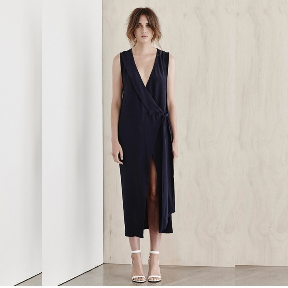 Sir the Label Wrap Midi Dress sz: 2 XS Navy Blue Neutral Minimalist Lagenlook